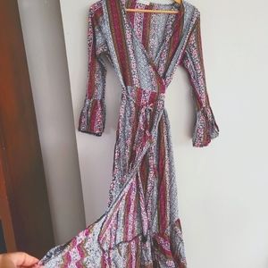 Long sleeve Boho wrap dress with leg slit